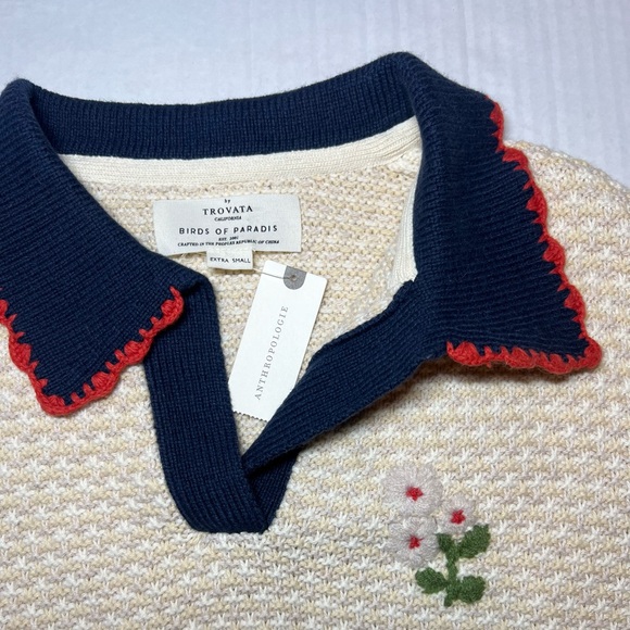 Trovata Birds Of Paradis NWT XS Parker Polo Sweater Antique White - Picture 5 of 10